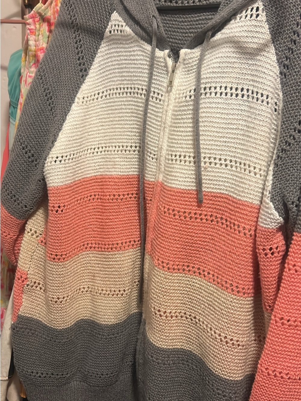 Casual Hooded Knit Zip Sweater in Gray, Cream & Coral plus more look at pics xL-